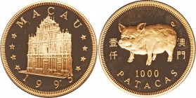 Portuguese Colony gold Proof "Year of the Pig" 1000 Patacas 1995,  Royal mint, KM76. Estimated Mintage: 4,500. Comes with case of issue and COA #155. ...