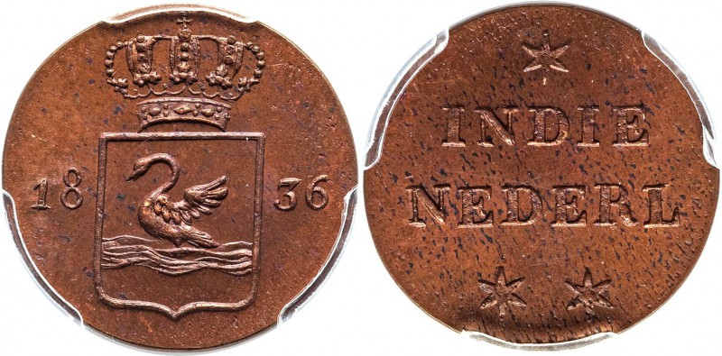 Sumatra. Dutch Colony copper Specimen Pattern Duit 1836 SP64 Brown PCGS, KM-Pn20...