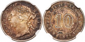 British Colony. Victoria 10 Cents 1883-H AU55 NGC, Heaton mint, KM11. A well-struck example serving as a key date in the series. Deeply toned and of a...