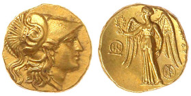 Makedonien
Alexander III. der Große 336-323 v. Chr
Stater, posthum 305/290 v. Chr. Tyros. Athenakopf mit korinthischem Helm r./Nike steht l., links ...
