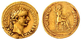 Kaiserzeit
Tiberius, 14-37
Aureus 14/37. Bel. Kopf r./PONTIF MAXIM. Livia sitzt r. 7,60 g. sehr schön RIC 27.