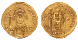 Kaiserzeit
Theodosius II., 408-450
Barbarischer Beischlag zum Solidus 420/422, Constantinopel. Verballhornte Legende um verballhorntes Brb. v.v./Tru...