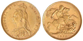 Australien
Victoria, 1837-1901
Sovereign 1892 S, Sydney. 7,99 g. 917/1000. vorzüglich/Stempelglanz Spink. 3868C. Friedberg 19.