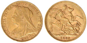 Australien
Victoria, 1837-1901
Sovereign 1899 M, Melbourne. 7,98 g. 917/1000. vorzüglich/Stempelglanz Spink. 3875. Friedberg 24.