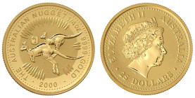 Australien
Elisabeth II., 1952-2024
25 Dollars Nugget/Känguruh 2000. mit Privy Mark Wappen von Basel. 1/4 Unze Feingold. Auflage nur 2000 Ex. In Kap...