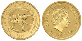 Australien
Elisabeth II., 1952-2024
25 Dollars Nugget/Känguruh 2000. mit Privy Mark Wappen von Basel. 1/4 Unze Feingold. Auflage nur 2000 Ex. In Kap...