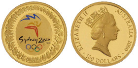 Australien
Elisabeth II., 1952-2024
100 Dollars 2000, Olymp. Sydney, Emblem der Spiele mit Farbapplikationen. 10 g. Feingold. In Originalschatulle m...