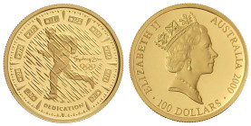 Australien
Elisabeth II., 1952-2024
100 Dollars 2000, Olymp. Sydney, Läufer im Regen. 10 g. Feingold. In Kapsel. Polierte Platte Krause/Mishler 442....