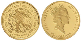 Australien
Elisabeth II., 1952-2024
100 Dollars 2000, Olymp. Sydney, Läufer im Regen. 10 g. Feingold. In Kapsel. Polierte Platte Krause/Mishler 442....