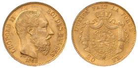 Belgien
Leopold II., 1865-1909
20 Francs 1868. 6,45 g. 900/1000. vorzüglich/Stempelglanz Krause/Mishler 32.