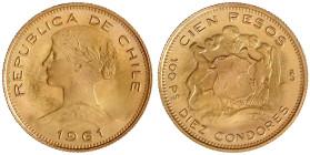 Chile
Republik, seit 1818
100 Pesos 1961. 20,34 g. 900/1000. prägefrisch Krause/Mishler 175.