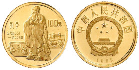 China
Volksrepublik, seit 1949
100 Yuan 1985. Konfuzius, 11,32 g. 917/1000. In Kapsel. Polierte Platte Krause/Mishler 125. Schön 90.