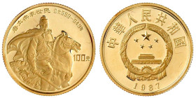 China
Volksrepublik, seit 1949
100 Yuan 1987. Li Shimin, Begründer der Tang Dynastie. 11,32 g. 917/1000. In Kapsel. Polierte Platte Krause/Mishler 1...