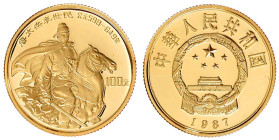 China
Volksrepublik, seit 1949
100 Yuan 1987. Li Shimin, Begründer der Tang Dynastie. 11,32 g. 917/1000. In Originalschatulle mit Zertifikat. Polier...