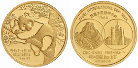 China
Volksrepublik, seit 1949
Fehlprägung des Freundschaftspanda 1 Unze Gold für die "International Coin Week Basel" 1988. Mit irrtümlicher Bezeich...