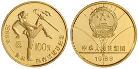 China
Volksrepublik, seit 1949
100 Yuan 1988. Olympische Spiele, Schwerttänzerin. 1/2 Unze Feingold. Polierte Platte Krause/Mishler 206. Schön 174....