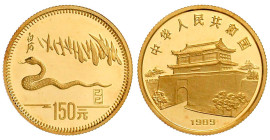 China
Volksrepublik, seit 1949
150 Yuan Jahr der Schlange 1989, wandernde Schlange. 8 g. 916/1000. In Kapsel. Polierte Platte Krause/Mishler 237. Sc...