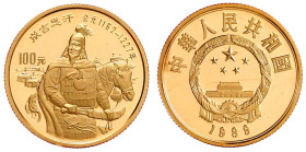 China
Volksrepublik, seit 1949
100 Yuan 1989, Temujin (Chinggis) Khan der Mongolen. 11,32 g. 917/1000. In Originalschatulle mit Zrtifikat. Polierte ...