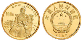 China
Volksrepublik, seit 1949
100 Yuan 1990. Kaiser Zhu Yuanzhang. 11,32 g. 917/1000. In Originalschatulle mit Zertifikat. Polierte Platte Krause/M...