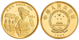 China
Volksrepublik, seit 1949
100 Yuan 1992. Wu Zetian. 11,32 g. 917/1000. In Kapsel. Polierte Platte Krause/Mishler 451. Schön 379.
