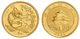 China
Volksrepublik, seit 1949
5 Yuan 1994. Sitzender Panda beim Verzehr einer Bambuspflanze. 1/20 Unze Feingold. Stempelglanz Krause/Mishler 611. S...