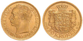 Dänemark
Frederik VIII., 1906-1912
20 Kronen 1908 VBP. 8,96 g. 900/1000. vorzüglich/Stempelglanz Friedberg 297. Hede 1.