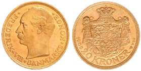 Dänemark
Frederik VIII., 1906-1912
20 Kronen 1909 VBP. 8,96 g. 900/1000. vorzüglich/Stempelglanz Friedberg 297. Hede 1.
