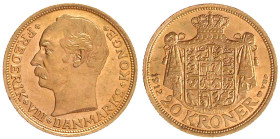 Dänemark
Frederik VIII., 1906-1912
20 Kronen 1912 VBP. 8,96 g. 900/1000. prägefrisch/fast Stempelglanz Friedberg 297. Hede 1.