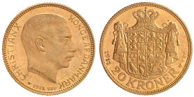 Dänemark
Christian X., 1912-1947
20 Kronen 1914 VBP. 8,96 g. 900/1000. fast Stempelglanz, Prachtexemplar Hede 1A. Friedberg 299.