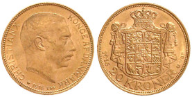 Dänemark
Christian X., 1912-1947
20 Kronen 1916 VBP. 8,96 g. 900/1000. vorzüglich/Stempelglanz Hede 1A. Friedberg 299.