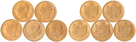 Dänemark
Lots (bis 2025)
5 verschiedene 20 Kronen: 1909, 1911, 1912, 1914, 1915. Je 8,96 g. 900/1000. alle vorzüglich/Stempelglanz Hede 1 und 1A.