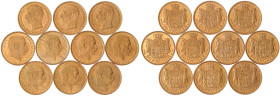 Dänemark
Lots (bis 2025)
10 X 20 Kronen: 1909, 1912 (2), 1914 (4), 1915 (3). Je 8,96 g. 900/1000. meist vorzüglich/Stempelglanz Hede 1 und 1A.