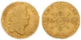 Frankreich
Ludwig XIV., 1643-1715
Louis d`or aux 4 L 1695 D, Lyon. 6,76 g. Keine Überprägungsspuren. vorzüglich, winz. Kratzer, sehr selten in diese...
