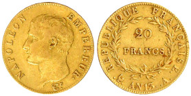 Frankreich
Napoleon I., 1804-1814/15
20 Francs AN 13 A, Paris. 6,45 g. 900/1000. sehr schön Krause/Mishler 663.1. Friedberg 482.