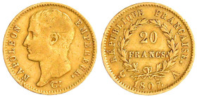 Frankreich
Napoleon I., 1804-1814/15
20 Francs 1807 A, Paris. Kopf ohne Lorbeerkranz. 6,45 g. 900/1000. sehr schön, winz. Randfehler Krause/Mishler ...