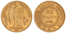Frankreich
Dritte Republik, 1871-1940
20 Francs stehender Genius 1876 A, Paris. 6,45 g. 900/1000 vorzüglich Friedberg 592. Krause/Mishler 825.