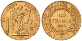 Frankreich
Dritte Republik, 1871-1940
100 Francs stehender Genius 1882 A, Paris. 32,26 g. 900/1000. sehr schön, Randfehler Friedberg 590. Krause/Mis...