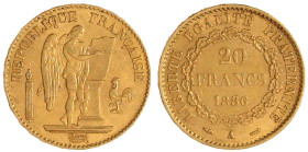 Frankreich
Dritte Republik, 1871-1940
20 Francs stehender Genius 1886 A, Paris. 6,45 g. 900/1000 vorzüglich Friedberg 592. Krause/Mishler 825.