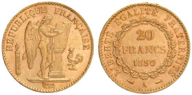 Frankreich
Dritte Republik, 1871-1940
20 Francs stehender Genius 1890 A, Paris. 6,45 g. 900/1000 vorzüglich/Stempelglanz Friedberg 592. Krause/Mishl...