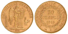 Frankreich
Dritte Republik, 1871-1940
20 Francs stehender Genius 1895 A, Paris. 6,45 g. 900/1000 vorzüglich/Stempelglanz Friedberg 592. Krause/Mishl...