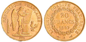 Frankreich
Dritte Republik, 1871-1940
20 Francs stehender Genius 1897 A, Paris. 6,45 g. 900/1000. vorzüglich, kl. Randfehler Friedberg 592. Krause/M...