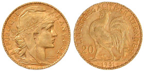 Frankreich
Dritte Republik, 1871-1940
20 Francs Hahn 1901. 6,45 g. 900/1000. gutes vorzüglich Krause/Mishler 847.