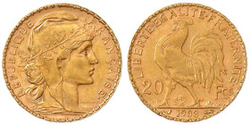 Frankreich
Dritte Republik, 1871-1940
20 Francs Hahn 1908. 6,45 g. 900/1000. vorzüglich/Stempelglanz Friedberg 596a. Krause/Mishler 857.