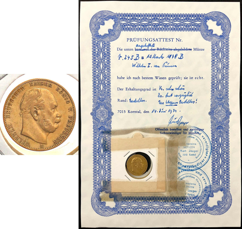 Preußen
Wilhelm I., 1861-1888
10 Mark 1878 B. Mit original Prüfungsattest von ...