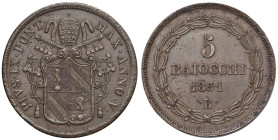 BOLOGNA. Pio IX (1846-1870). 5 Baiocchi 1851 a.V. CU (g 41,10). Gig.175. R Colpo al bordo a ore 7 del D/.

BB+

Diritti d'Asta: 18%