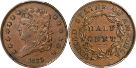 1835 Classic Head Half Cent. C-1. Rarity-1. AU-58 (PCGS).

PCGS# 1168. NGC ID: 2233.
