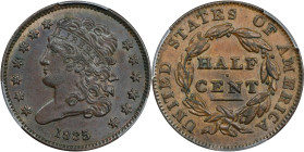 1835 Classic Head Half Cent. C-2. Rarity-1. AU-58 (PCGS).

PCGS# 1168. NGC ID: 2233.