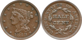 1849 Braided Hair Half Cent. C-1. Rarity-2. Large Date. Rotated Dies. VF-35 (ANACS).

PCGS# 1218. NGC ID: F73D.