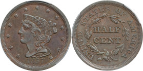 1857 Braided Hair Half Cent. C-1. Rarity-2. AU-50 (PCGS).

PCGS# 1239. NGC ID: 26Z3.