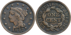 1847 Braided Hair Cent. N-18. Rarity-5. Large/Medium 7. Fine-12 (ANACS).

PCGS# 405929. NGC ID: 226D.